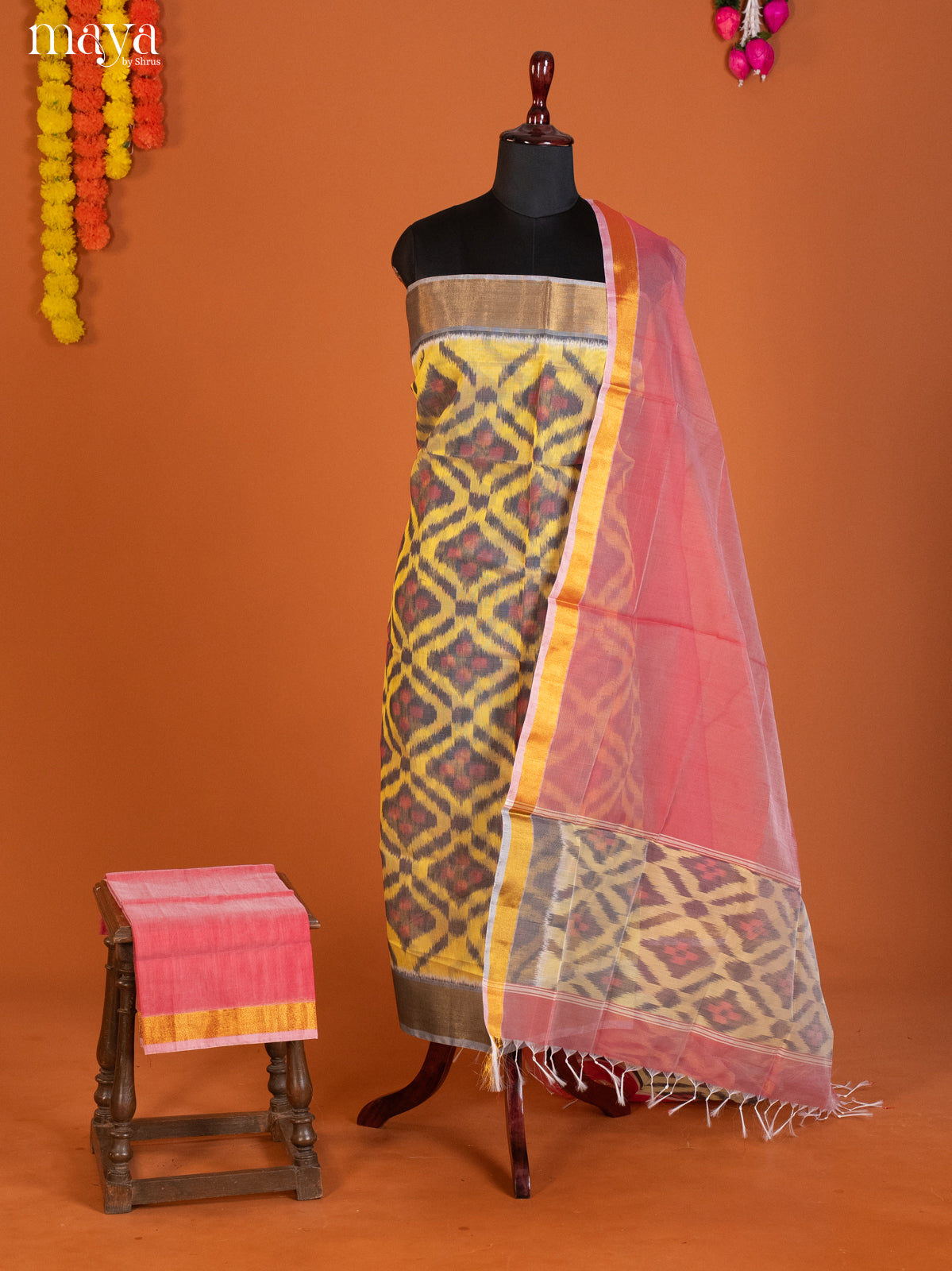 Yellow & Pink-Pochampally Salwar Unstitch