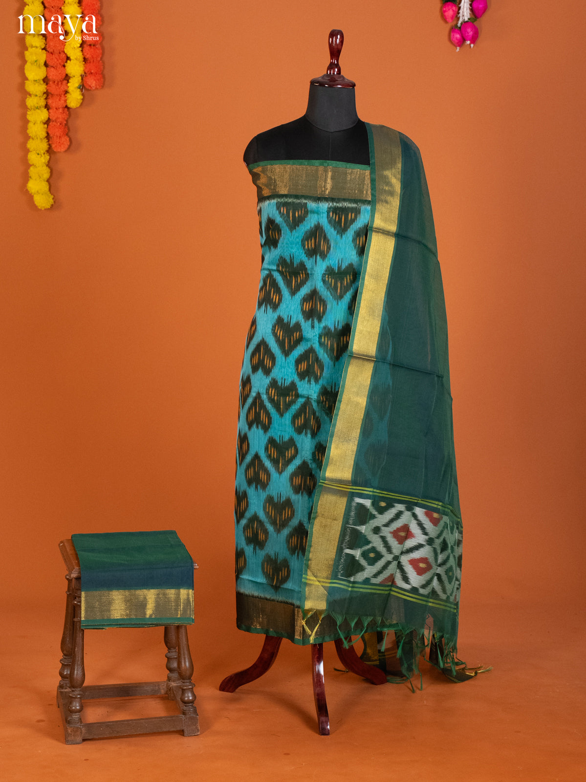 Blue & Green-Pochampally Salwar Unstitch