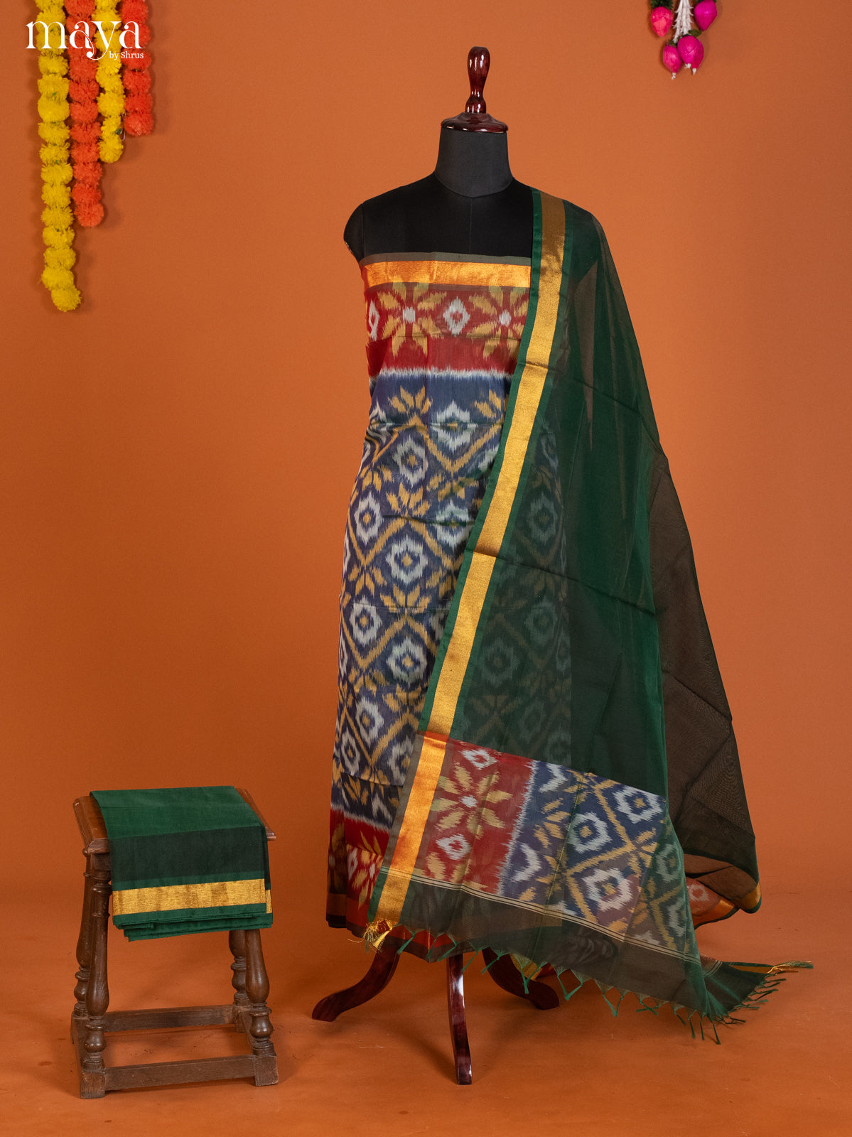 Blue & Green-Pochampally Salwar Unstitch