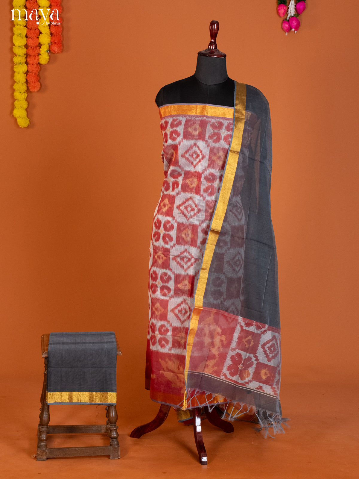 White & Grey-Pochampally Salwar Unstitch