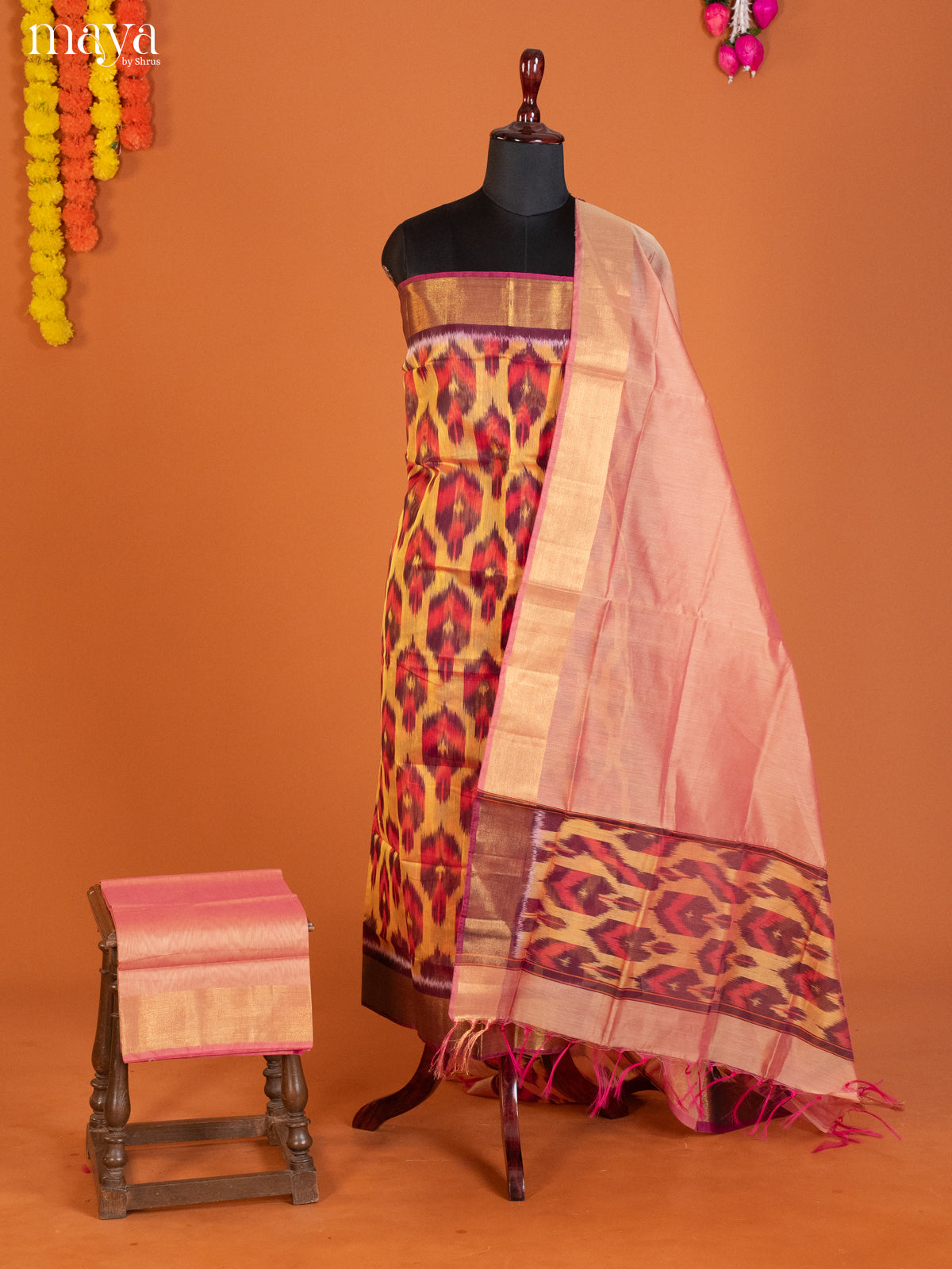 Mustard & Pink-Pochampally Salwar Unstitch