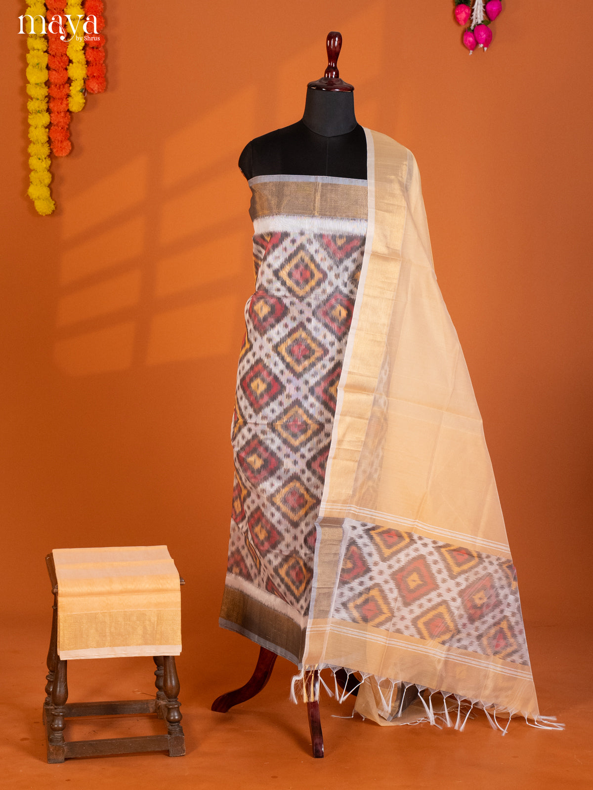 White & Cream-Pochampally Salwar Unstitch