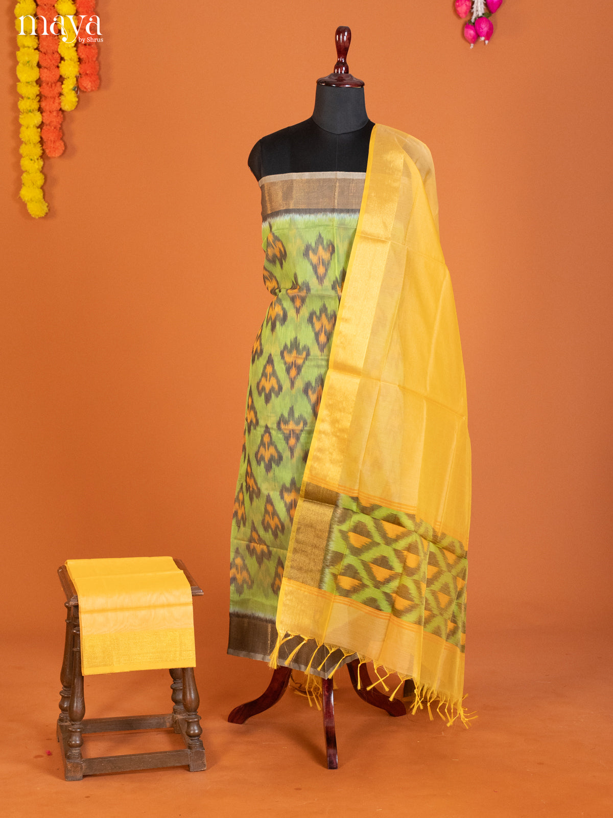 Light Green & Yellow -Pochampally Salwar Unstitch