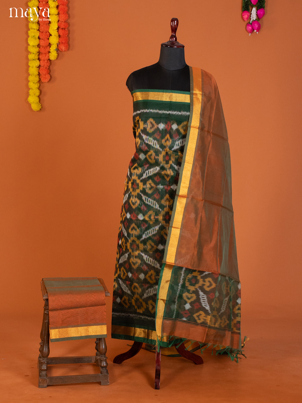 Green & Brown -Pochampally Salwar Unstitch