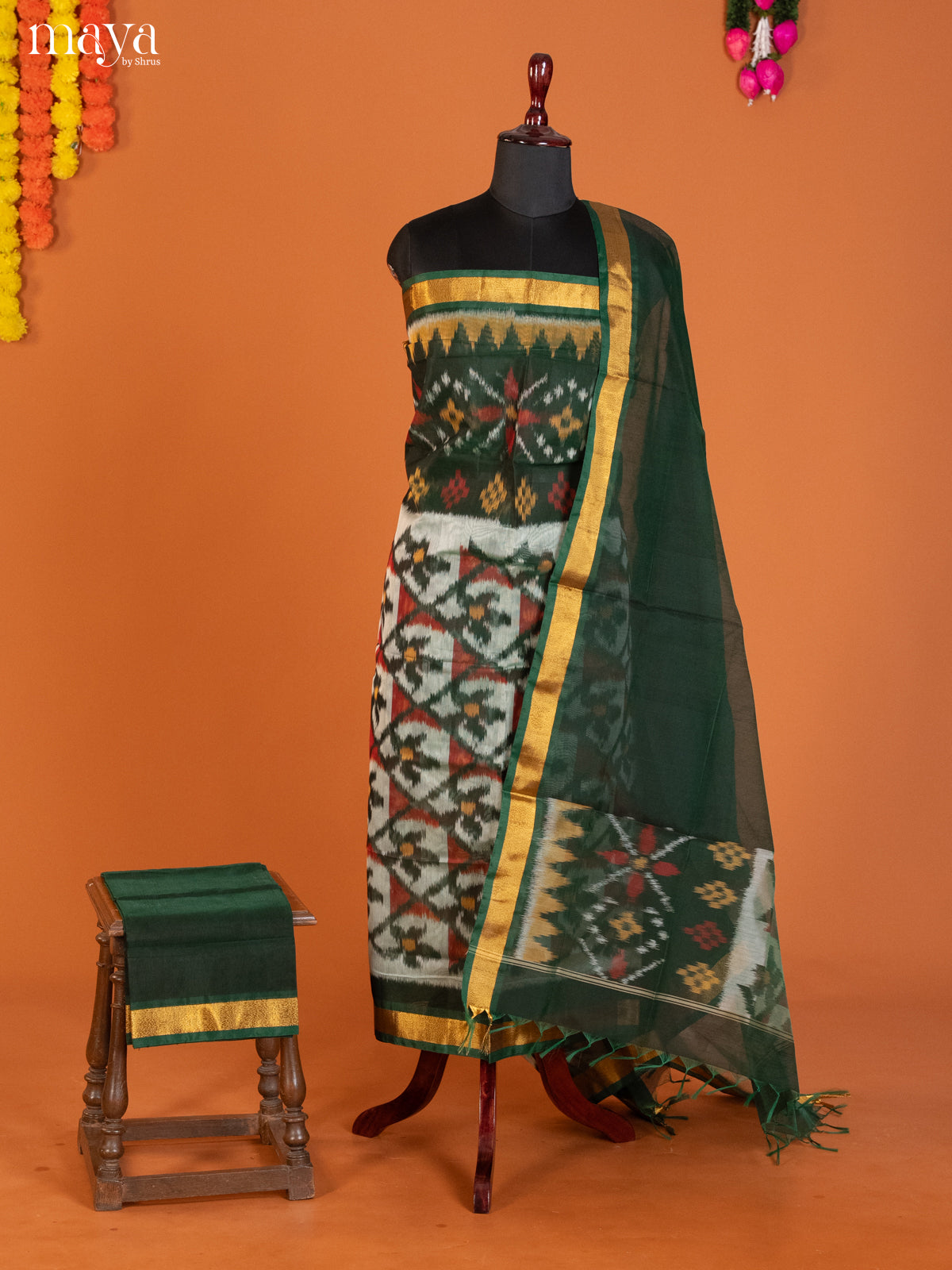 Grey & Green-Pochampally Salwar Unstitch