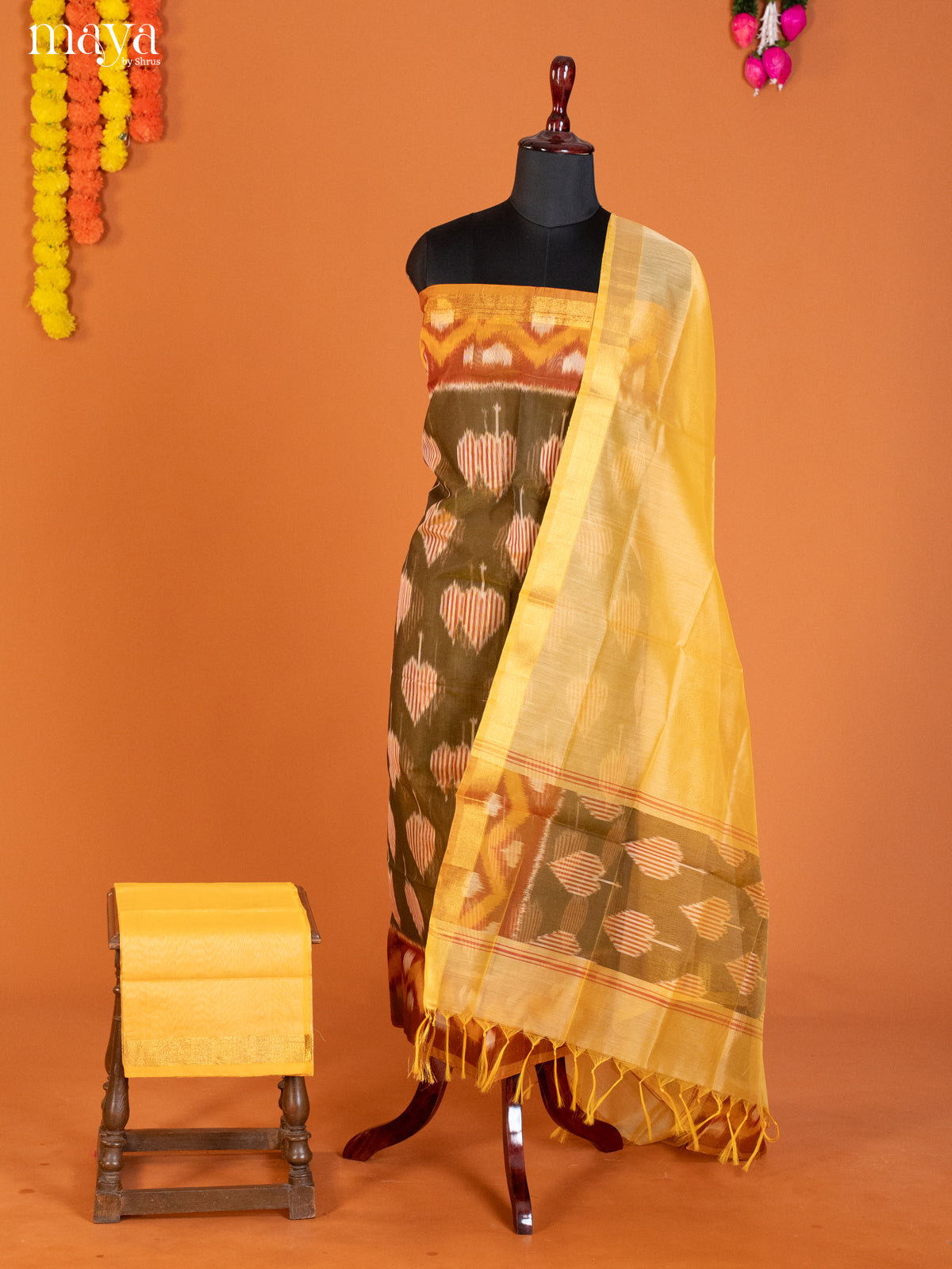 Chutney Green & Yellow -Pochampally Salwar Unstitch