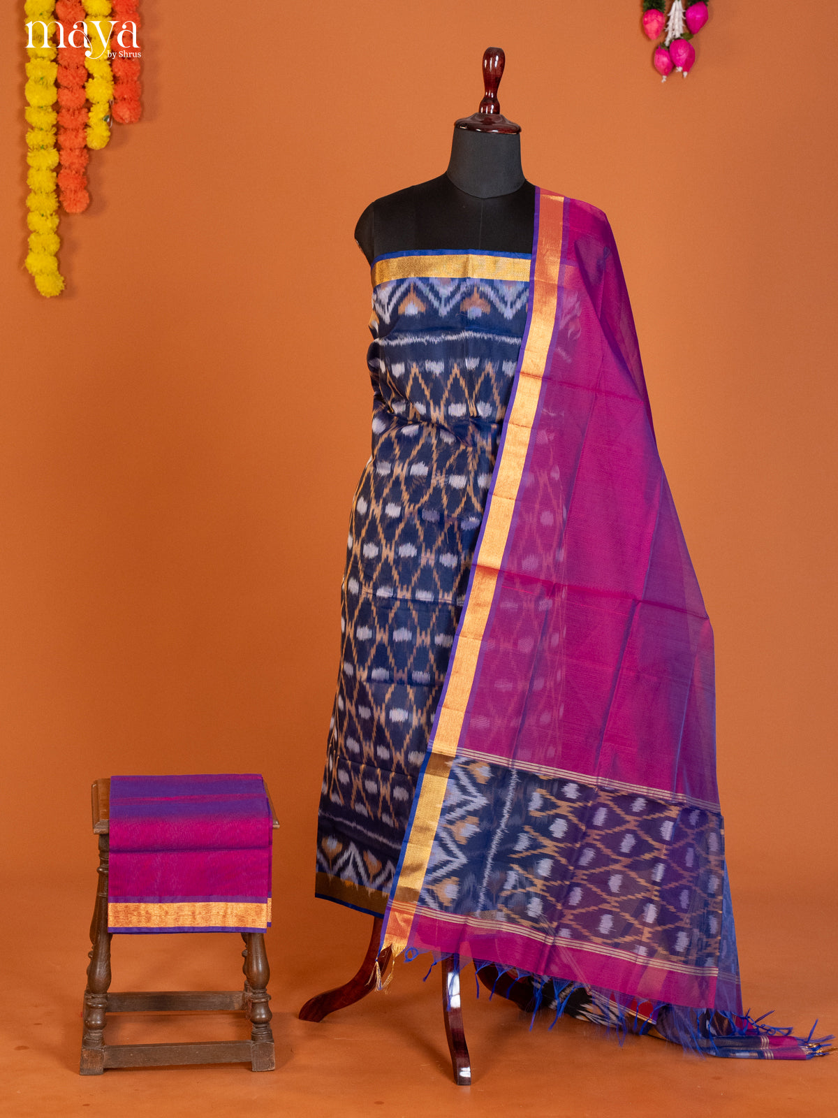 Blue & Purple-Pochampally Salwar Unstitch