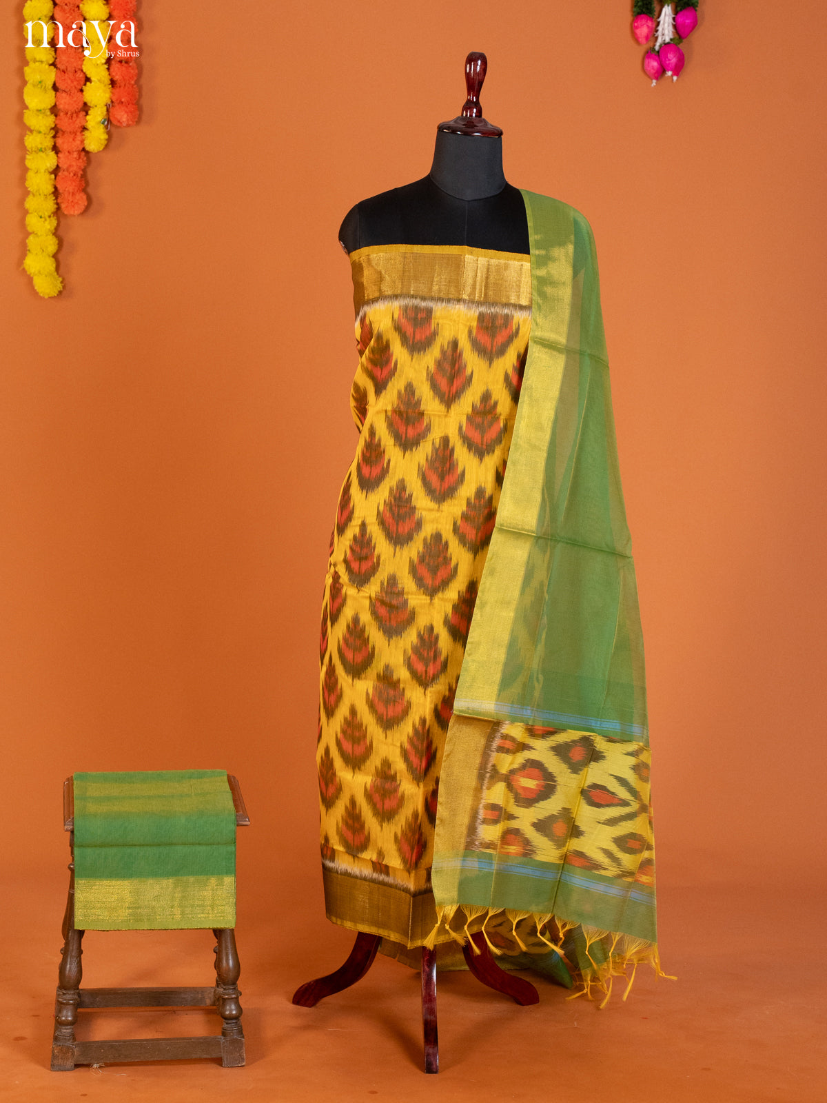 Yellow & Green-Pochampally Salwar Unstitch
