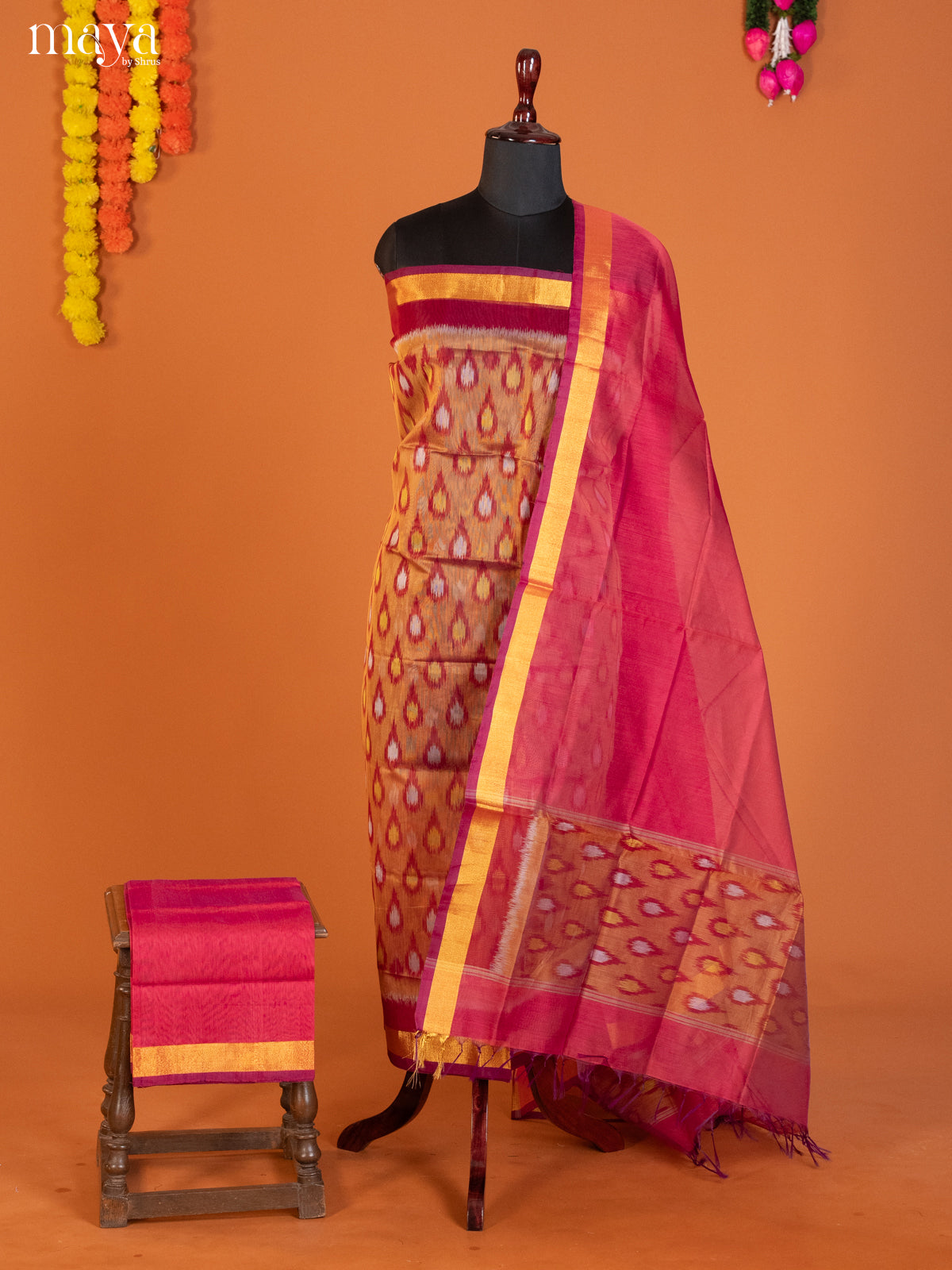 Mustard & Red-Pochampally Salwar Unstitch