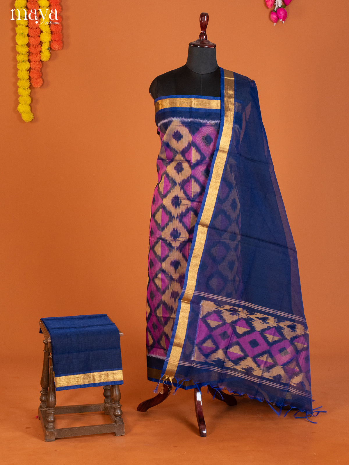 Purple & Blue-Pochampally Salwar Unstitch