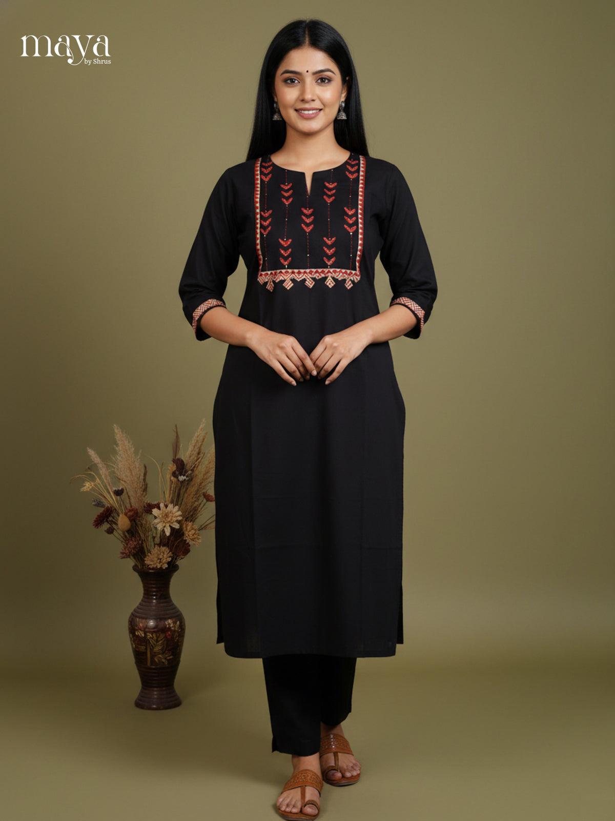 Black Cotton Readymade Kurti with embroidered neck yoke -   MDL31003