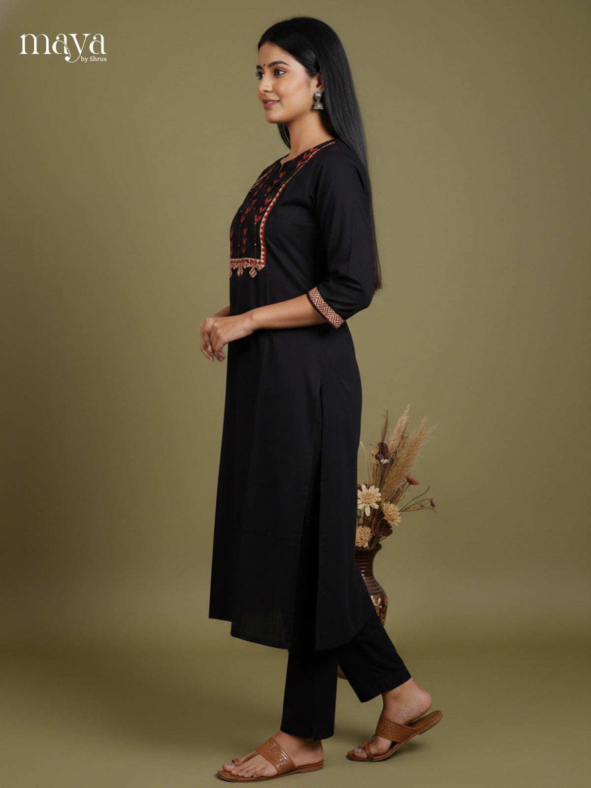 Black Cotton Readymade Kurti with embroidered neck yoke -   MDL31003