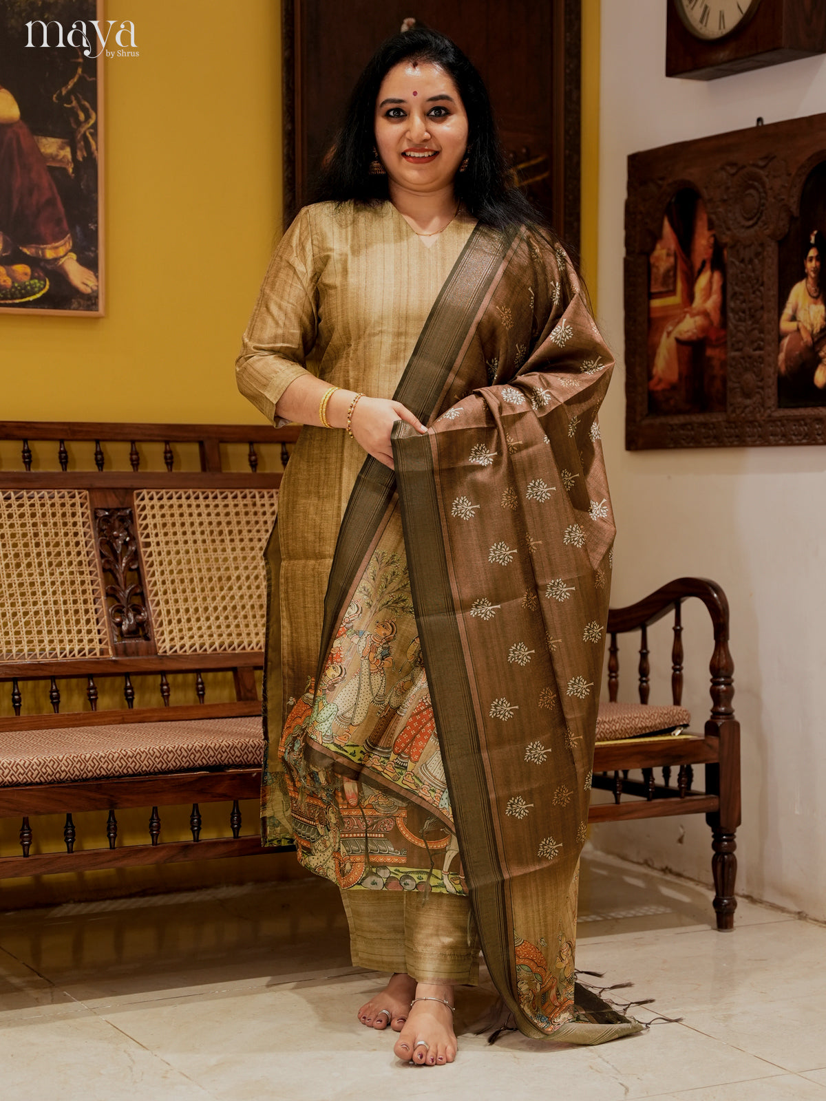 Charming Beige Semi Tussar Salwar Suit With Brown Dupatta