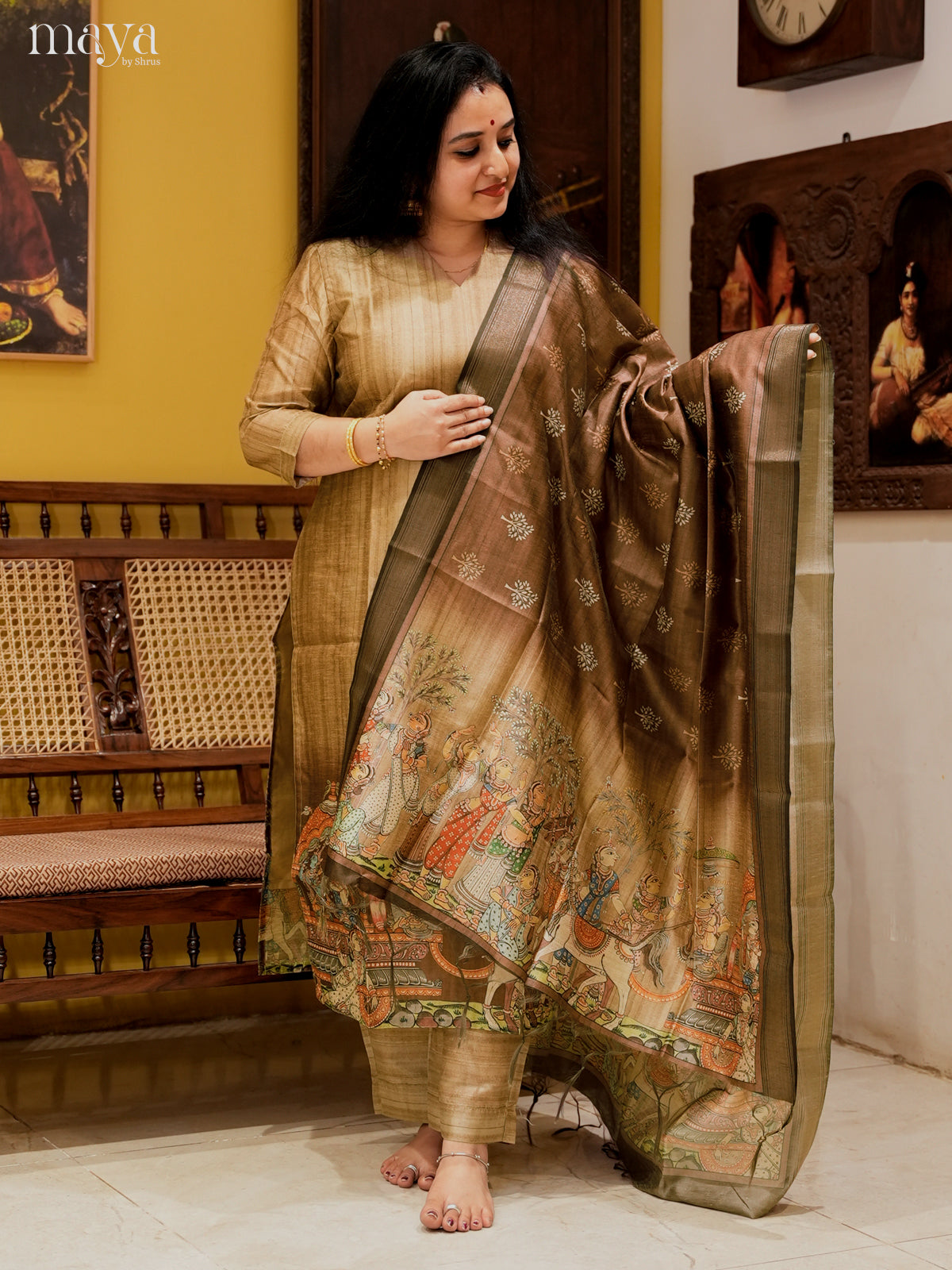 Charming Beige Semi Tussar Salwar Suit With Brown Dupatta