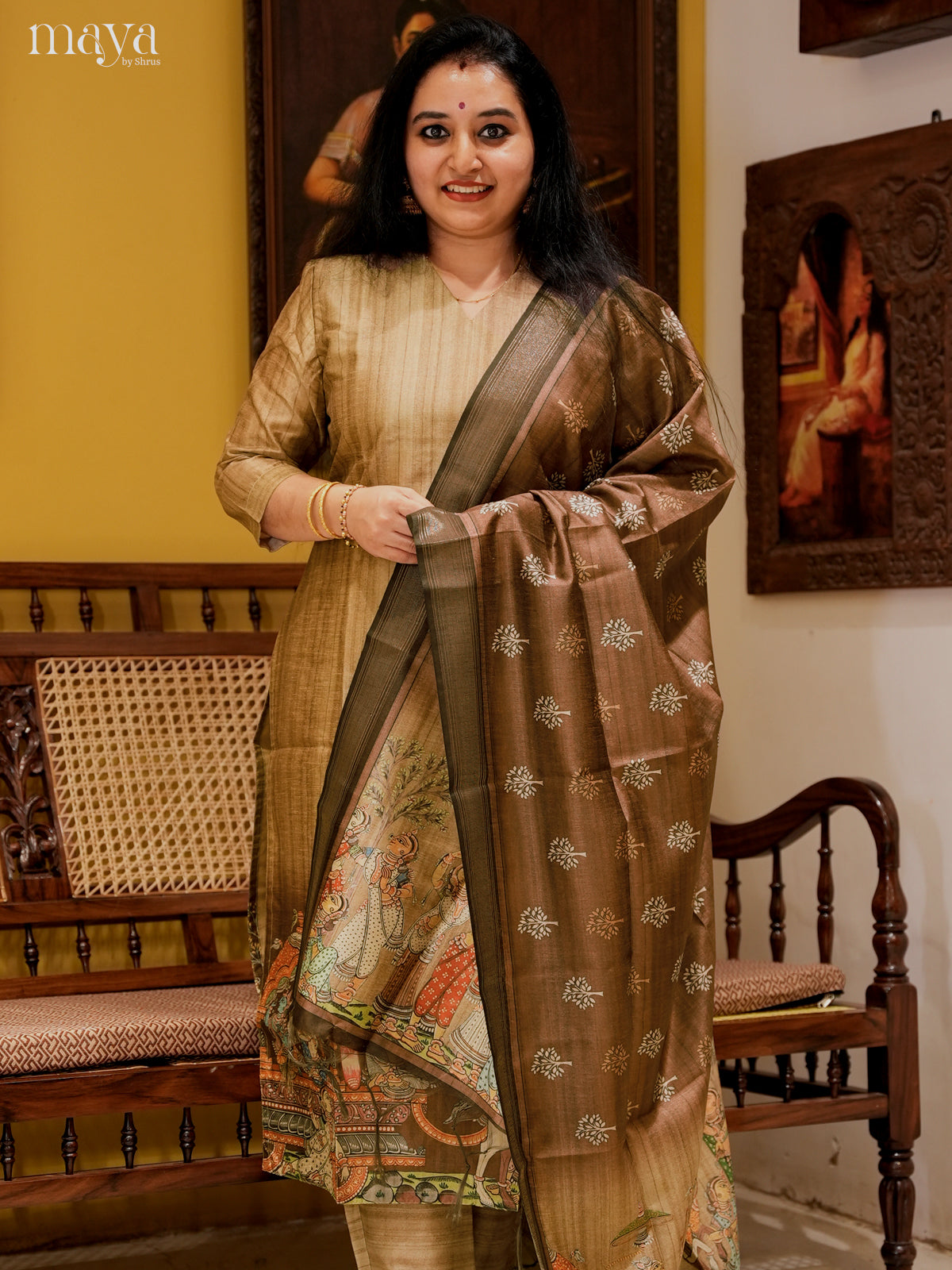 Charming Beige Semi Tussar Salwar Suit With Brown Dupatta