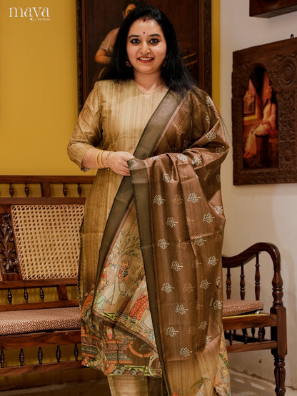 Charming Beige Semi Tussar Salwar Suit With Brown Dupatta