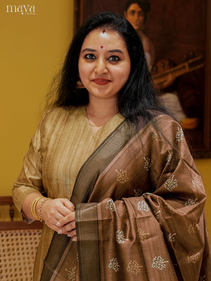 Charming Beige Semi Tussar Salwar Suit With Brown Dupatta