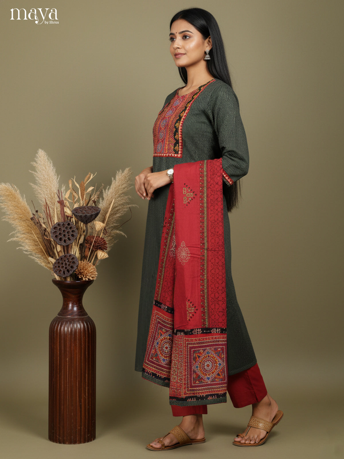 Pretty Green Salwar Suit Set with Ajrakh Printed Yoke Neck & Red Dupatta