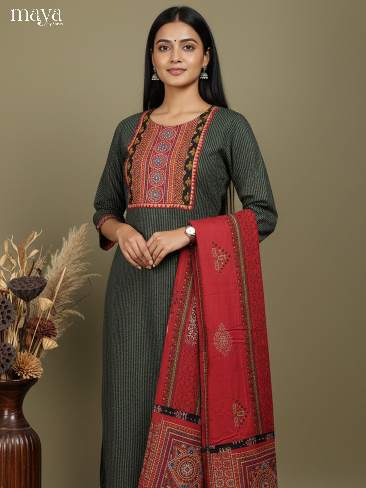 Pretty Green Salwar Suit Set with Ajrakh Printed Yoke Neck & Red Dupatta