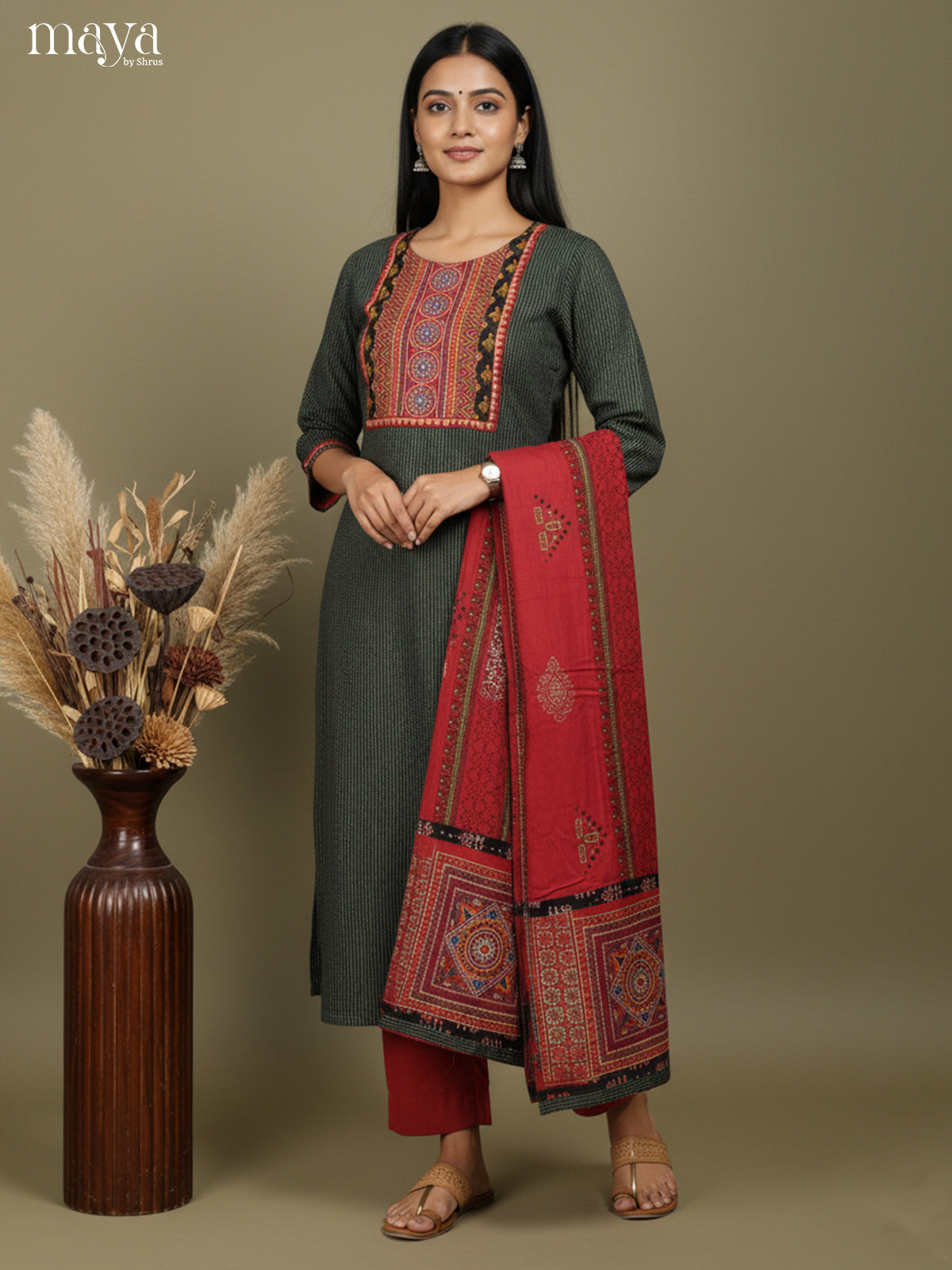 Pretty Green Salwar Suit Set with Ajrakh Printed Yoke Neck & Red Dupatta