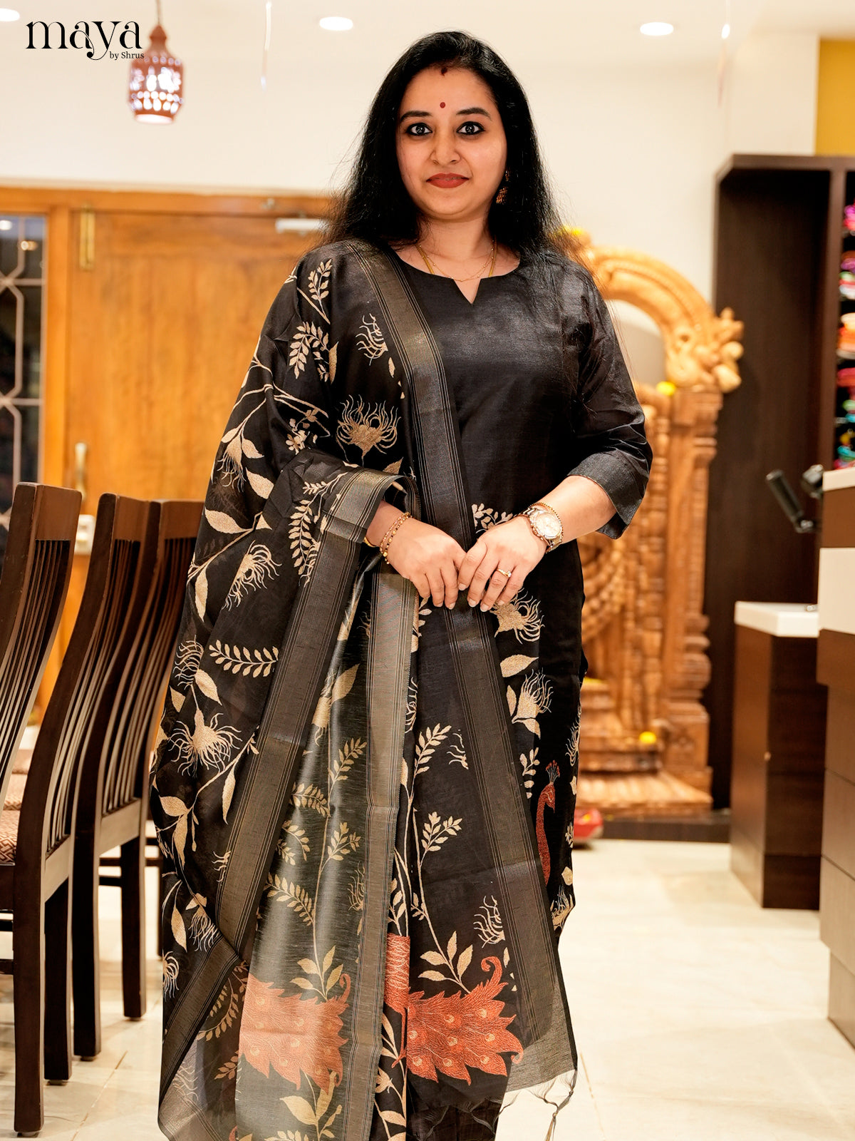 Classic Black Salwar Suit In Semi Tussar Silk Material With Peacock Motifs