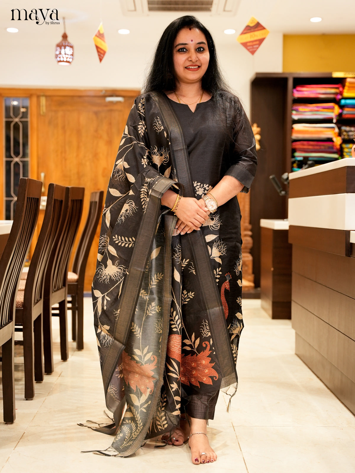 Classic Black Salwar Suit In Semi Tussar Silk Material With Peacock Motifs