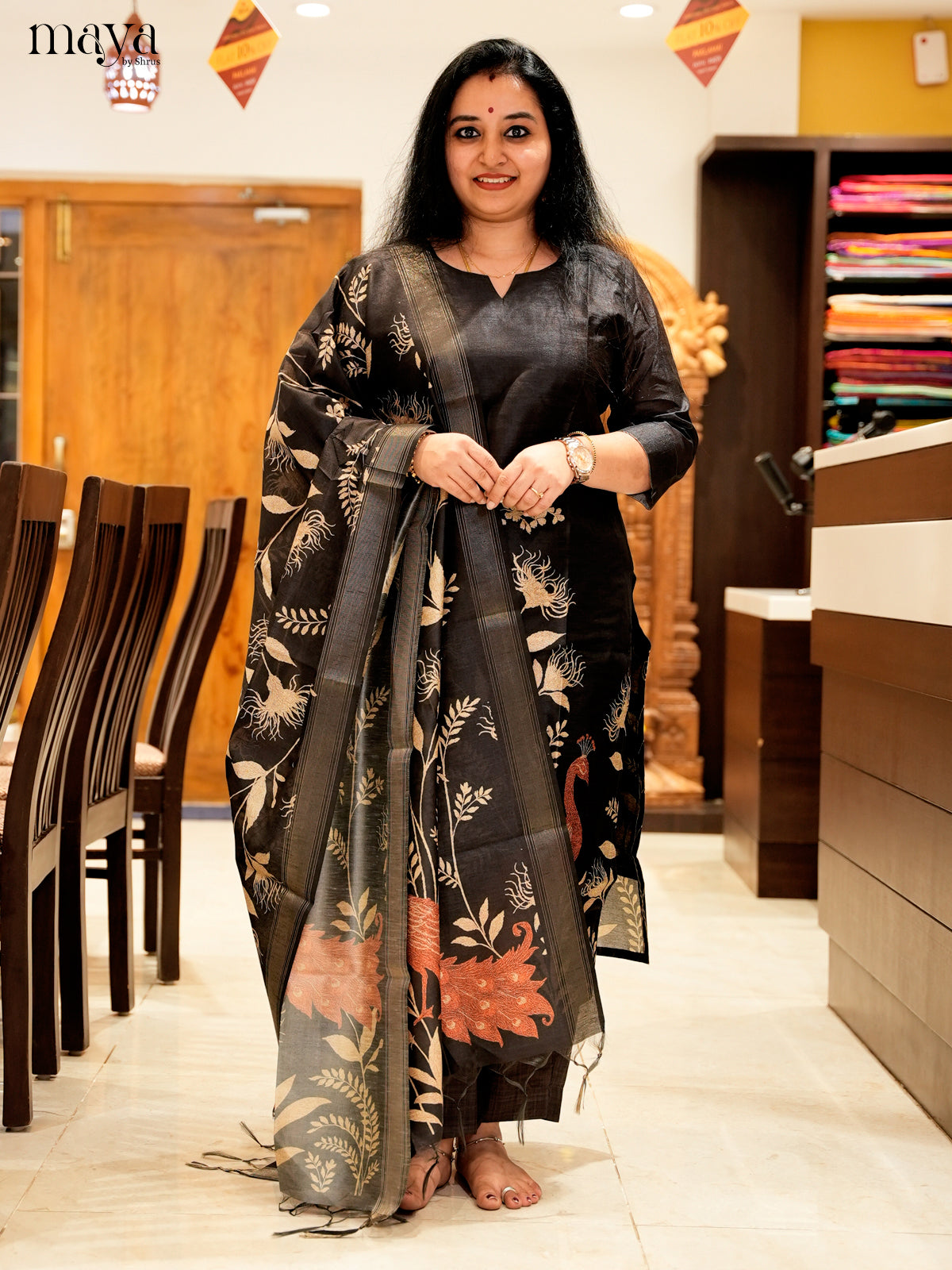 Classic Black Salwar Suit In Semi Tussar Silk Material With Peacock Motifs