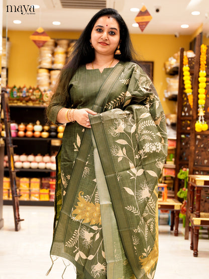 Elegant Green Salwar Suit In Semi Tussar Material With Peacock Motifs
