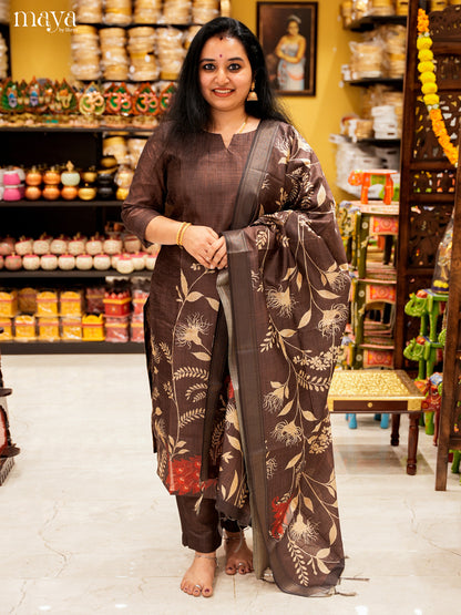 Stylish Brown Salwar Suit In Semi Tussar Material With Peacock Motifs