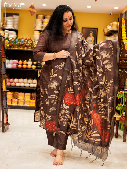 Stylish Brown Salwar Suit In Semi Tussar Material With Peacock Motifs