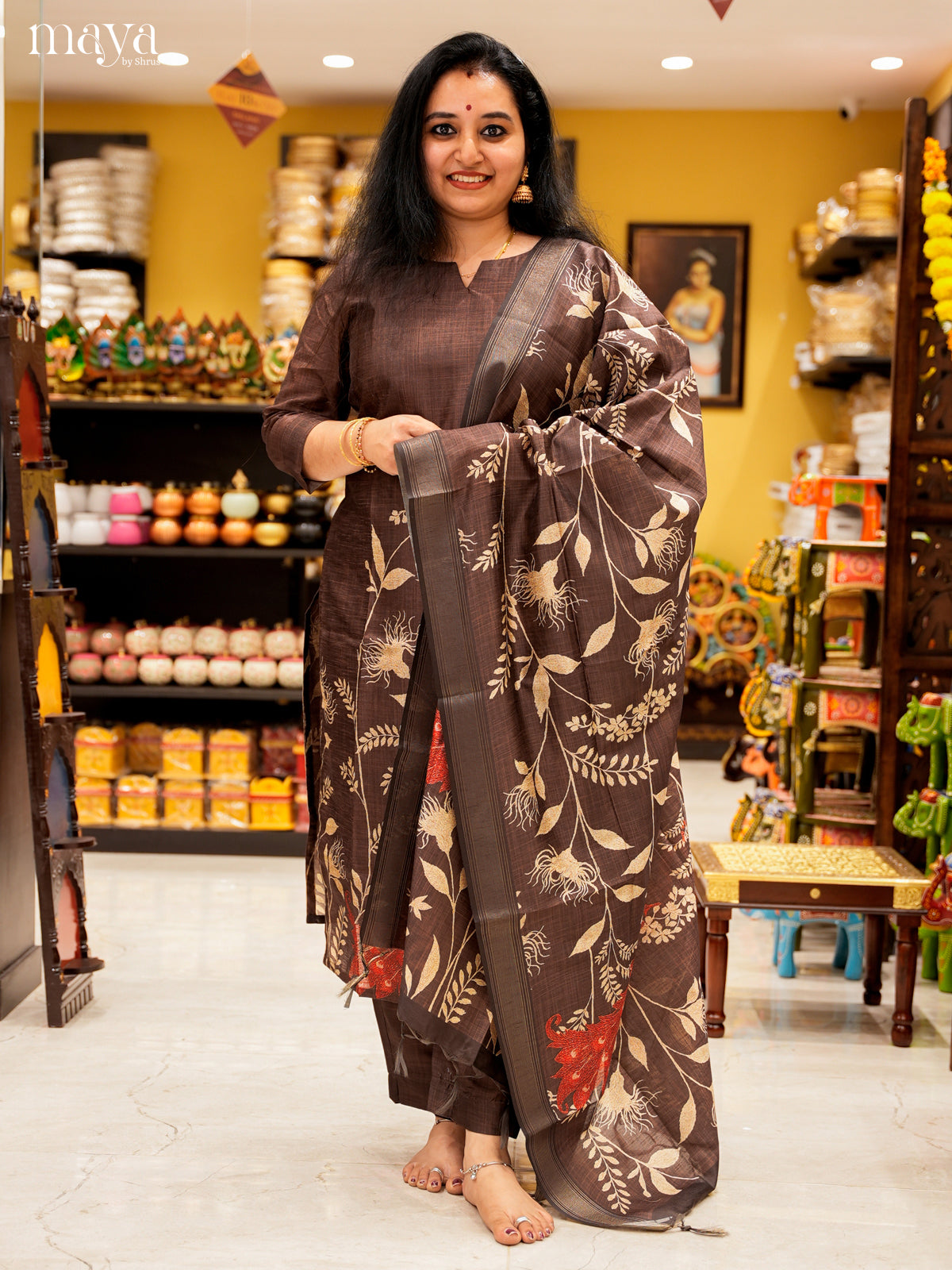 Stylish Brown Salwar Suit In Semi Tussar Material With Peacock Motifs