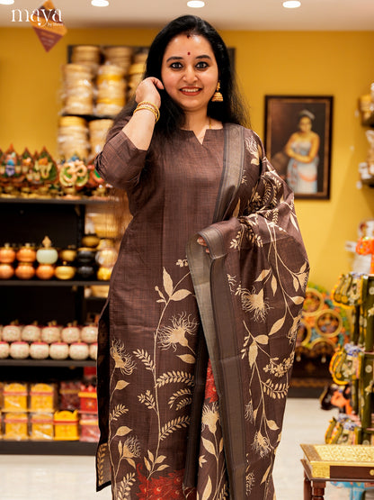 Stylish Brown Salwar Suit In Semi Tussar Material With Peacock Motifs