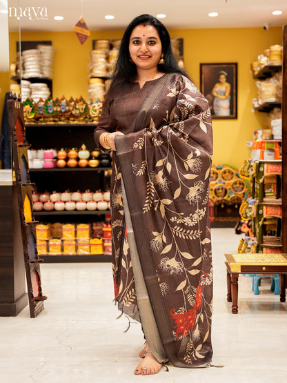 Stylish Brown Salwar Suit In Semi Tussar Material With Peacock Motifs