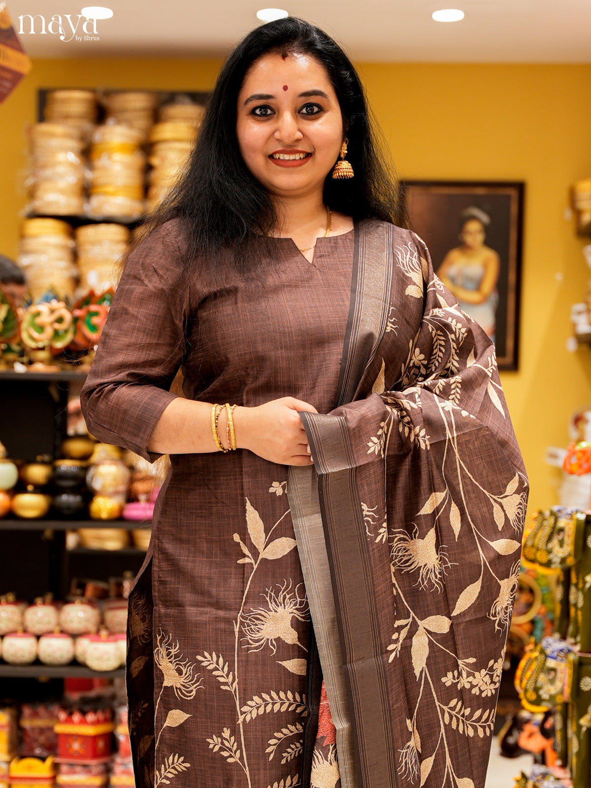 Stylish Brown Salwar Suit In Semi Tussar Material With Peacock Motifs