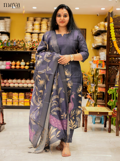 Pretty Navy Blue Salwar Suit In Semi Tussar Material With Peacock Motifs