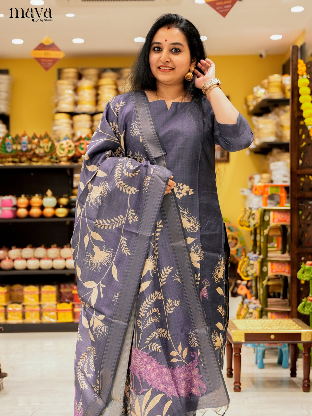 Pretty Navy Blue Salwar Suit In Semi Tussar Material With Peacock Motifs