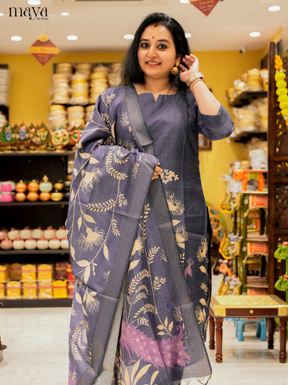 Pretty Navy Blue Salwar Suit In Semi Tussar Material With Peacock Motifs