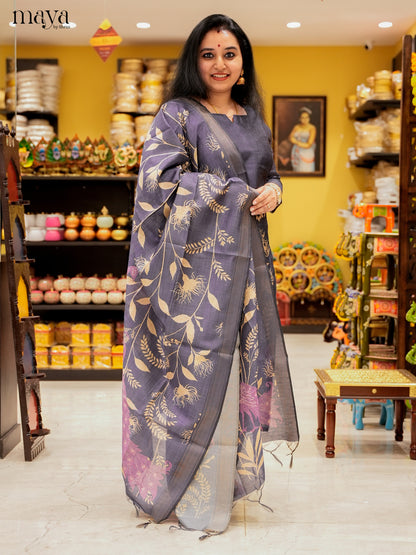Pretty Navy Blue Salwar Suit In Semi Tussar Material With Peacock Motifs