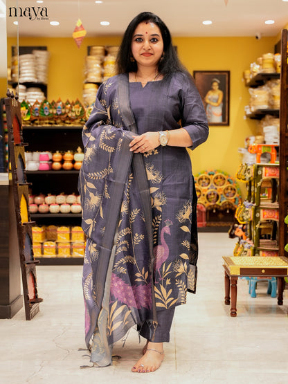 Pretty Navy Blue Salwar Suit In Semi Tussar Material With Peacock Motifs