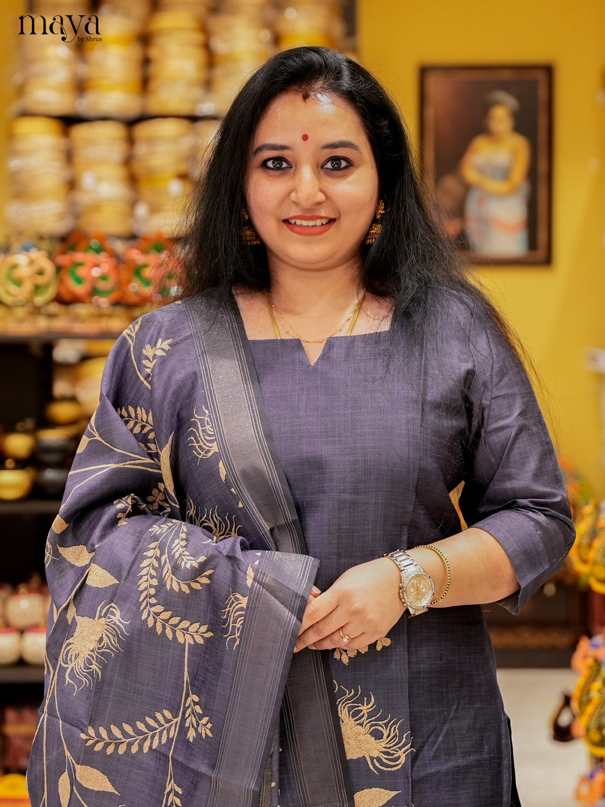 Pretty Navy Blue Salwar Suit In Semi Tussar Material With Peacock Motifs