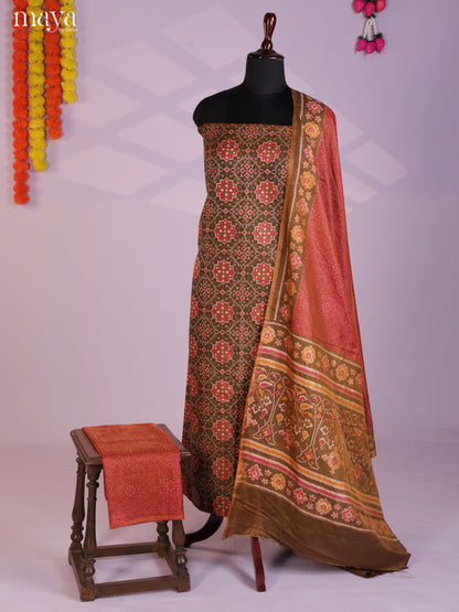 Green & Brick Semi patola salwar unstitch with patola floral print - MEA09003