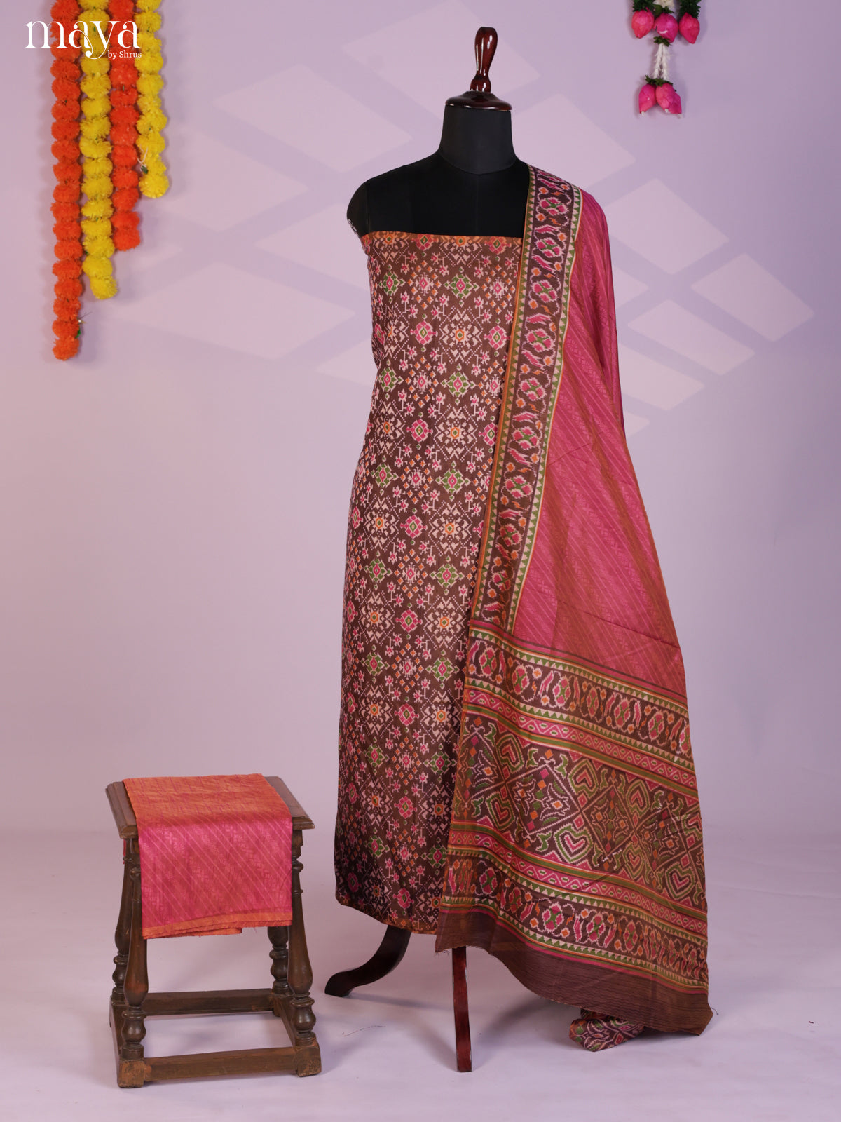 Brown & Pink Semi patola salwar unstitch with patola floral print - MEA09013