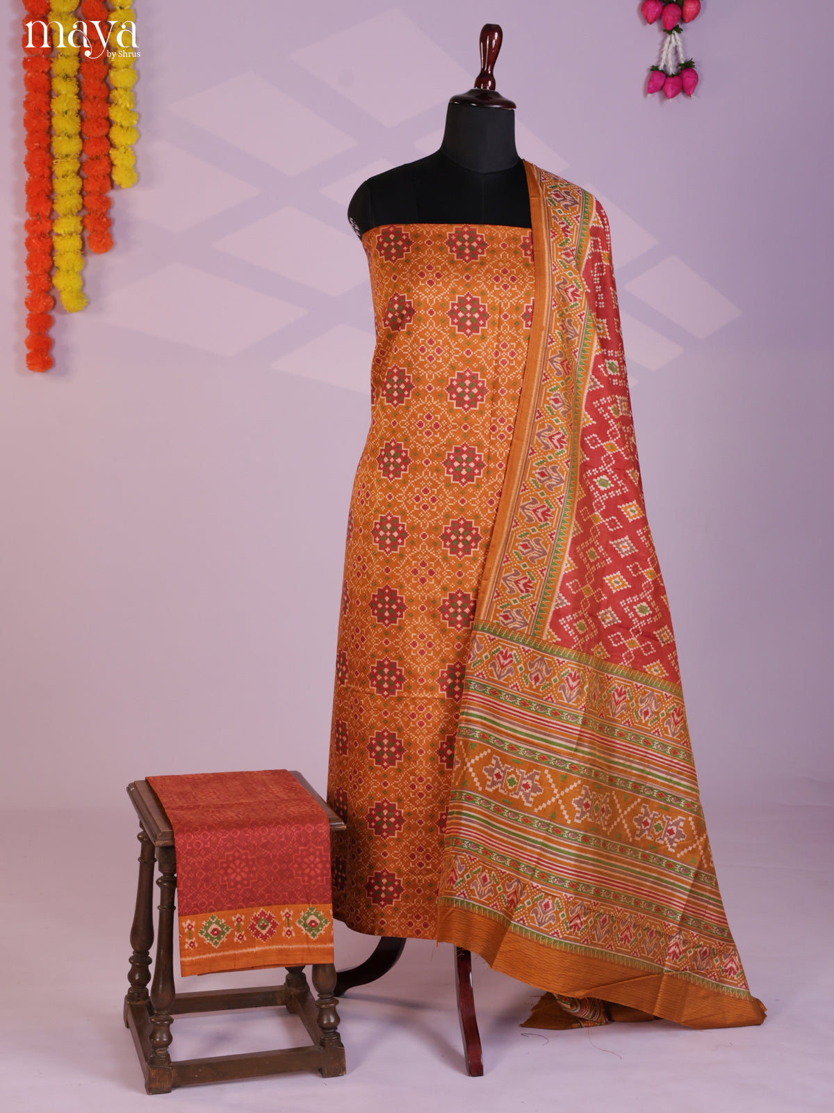 Mustard & Brick Semi patola salwar unstitch with floral print -MEA09017