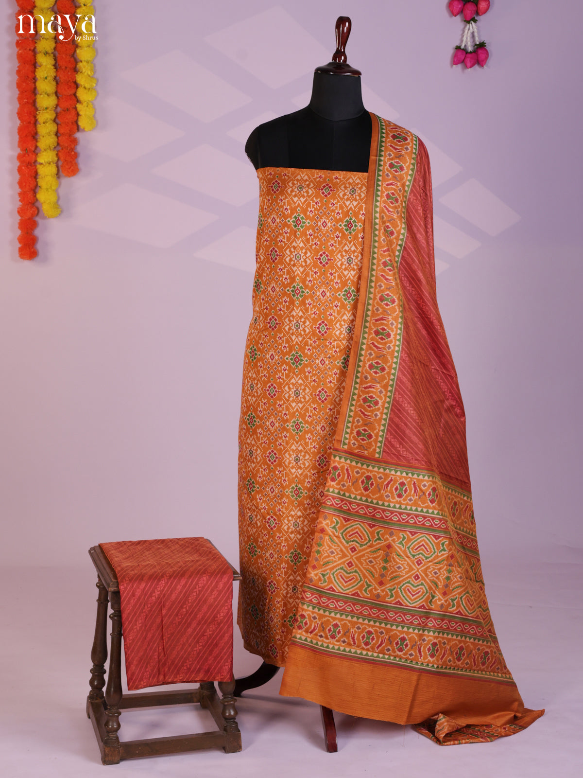 Mustard & Brick Semi patola salwar unstitch with floral pattern- MEA09019