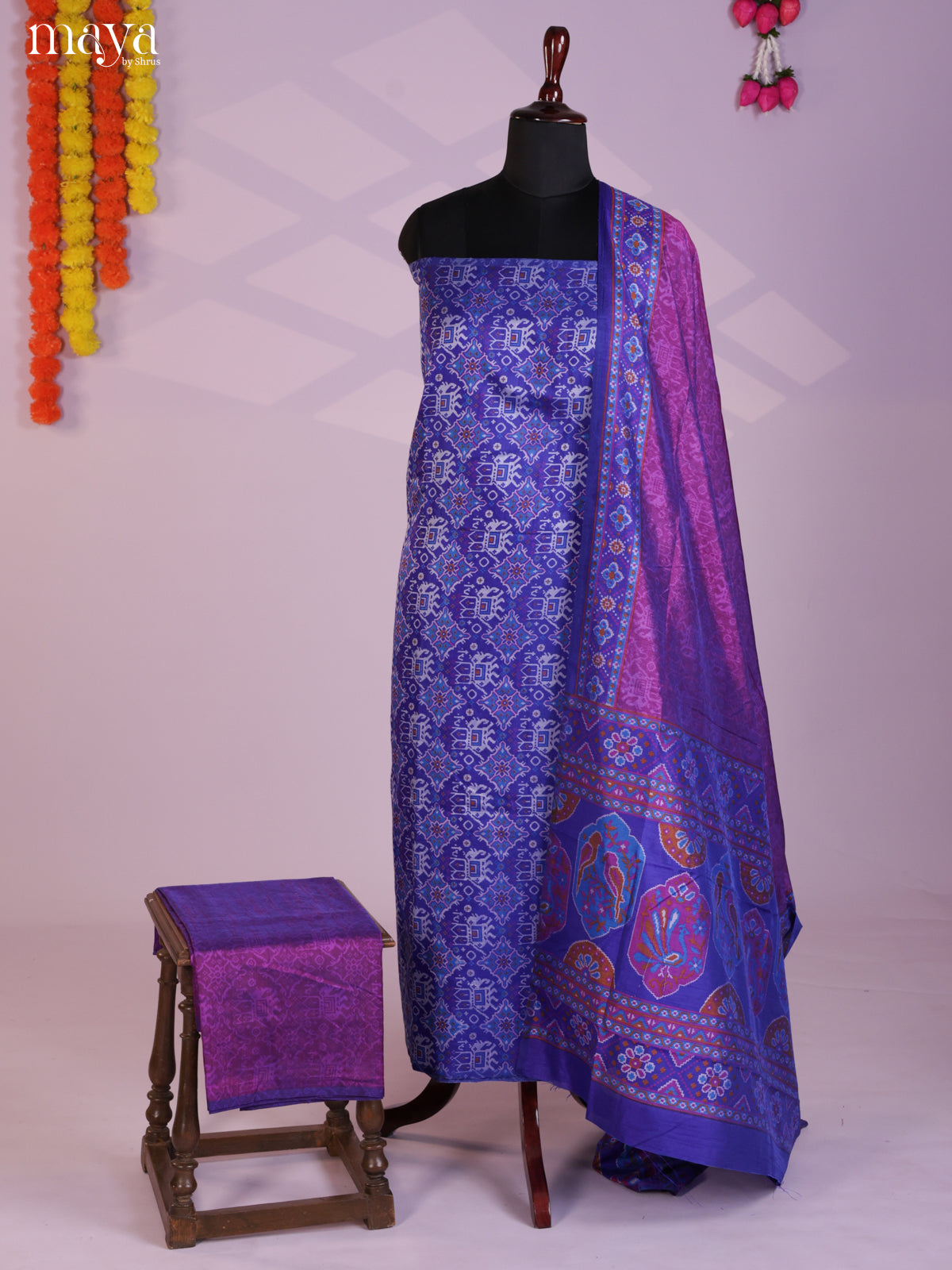 Blue & Purple Semi patola salwar unstitch with elephant prints -MEA09020