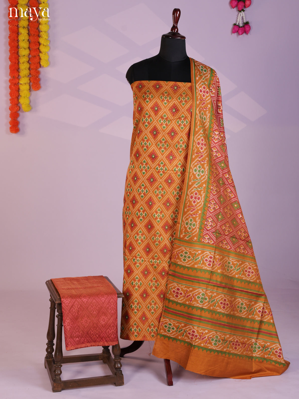 Mustard & Brick  Semi patola salwar unstitch with floral prints -MEA09021