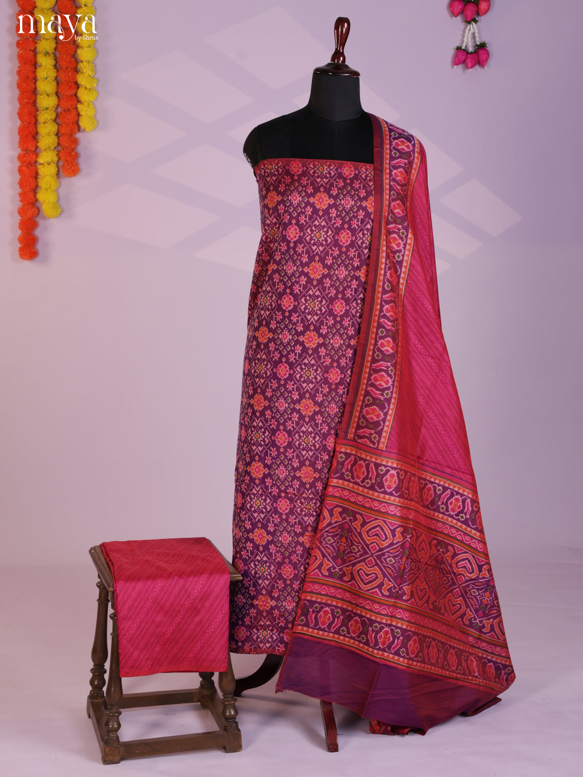 Purple & Pink Semi patola salwar unstitch with floral print -MEA09023
