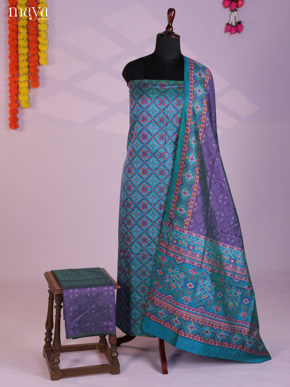 Blue & Purple Semi patola salwar unstitch with patola floral pattern -MEA09026