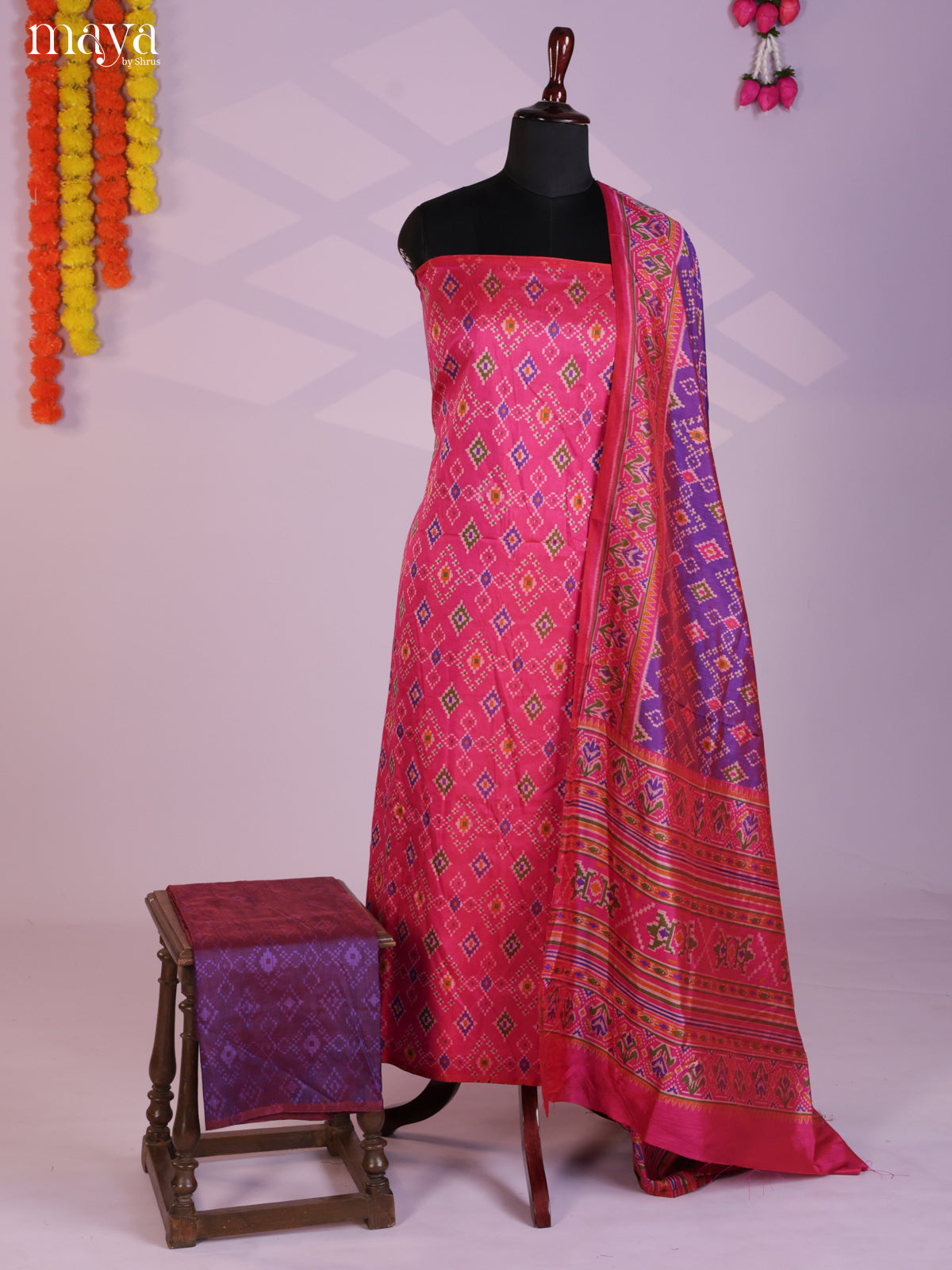 Charming Pink & Purple  Semi patola salwar unstitch with patola geometric prints - MEA09027