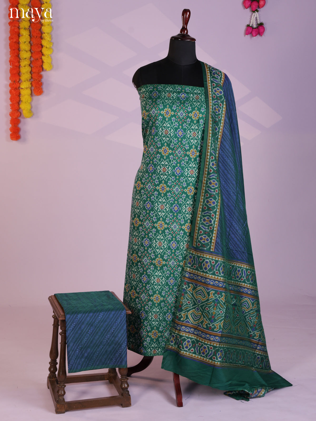 Green & Blue  Semi patola salwar unstitch with patola floral pattern - MEA09029